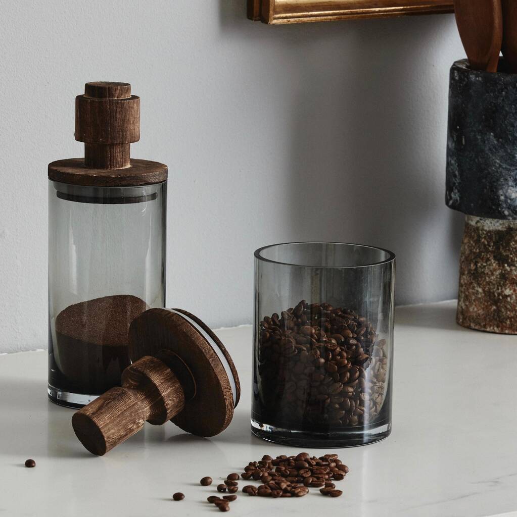 Smoked Glass And Wooden Topped Storage Jars