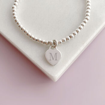 Sterling Silver Ball Slider Bracelet With Personalised Initial Dainty Heart Charm, 7 of 11