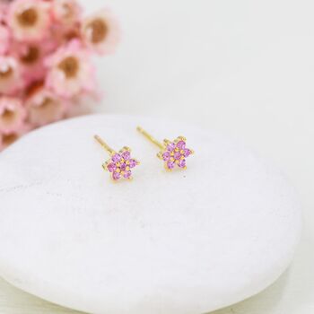 Sterling Silver Pair Of Very Tiny Pink Cz Flower Stud Earrings, 2 of 12