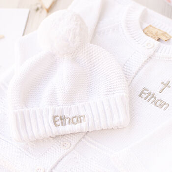 White Personalised Christening Matinee Cardigan With Cross, 7 of 12