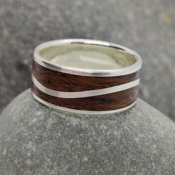 Silver Wave Ring With Dark Oak Inlay, 7 of 10