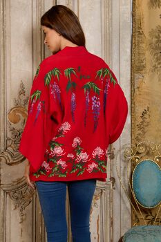 Wisteria And Chrysanthemum Red Fully Lined Embroidered Short Kimono, 5 of 7