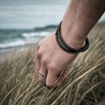 Men's Personalised Special Date Slim Woven Leather Black Clasp Bracelet, 6 of 9