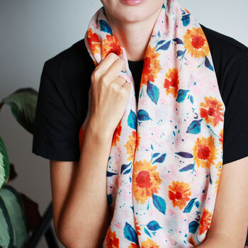 Sunflower Blossom White Orange Blue Scarf, 2 of 8