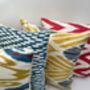 Square Ikat Silk Cushion Yellow And Blue Feather, thumbnail 7 of 8