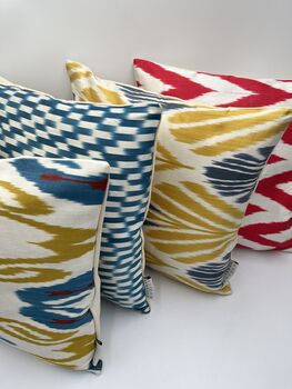 Square Ikat Silk Cushion Yellow And Blue Feather, 7 of 8
