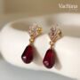 Red Pomegranate Seed With Cz Leaf Earrings, thumbnail 2 of 3