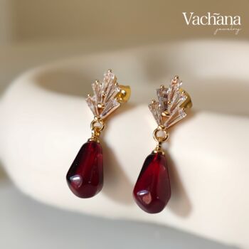 Red Pomegranate Seed With Cz Leaf Earrings, 2 of 3