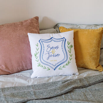 Personalised Organic Cotton Crest Cushion For Couple, 2 of 4