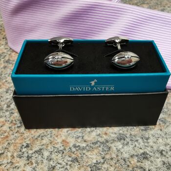 Rugby Ball Engravable Personalised Cufflinks And Box, 6 of 6