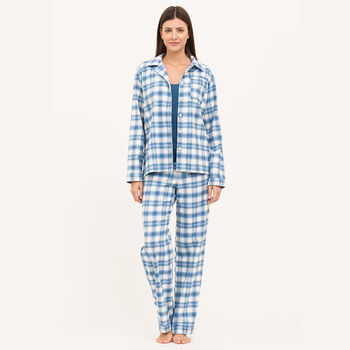 Women's Brushed Cotton Pyjamas In A Blue Check, 2 of 5