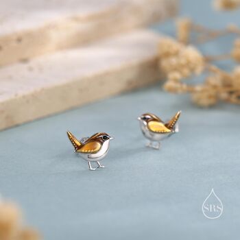 Sterling Silver Tiny Wren Bird Stud Earrings Earrings, 2 of 11