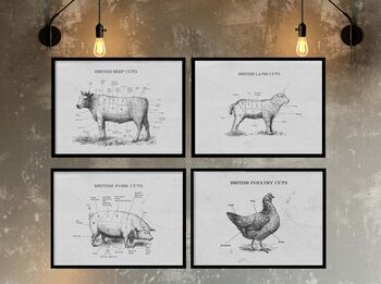 Set Of Four British Butcher Chart, Meat Cuts Diagrams, 3 of 3