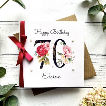 Personalised 70th Birthday Card, With Large Floral Number And Bow, 2 of 5