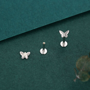 Sterling Silver Butterfly 16 G Flat Back Labret Earrings, 5 of 12