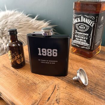 Personalised Engraved Black Metal Hip Flask 6oz For Milestone Birthday / Anniversary, 5 of 11