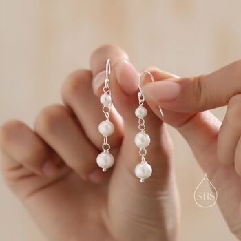 Sterling Silver Irregular Shape Pearl Trio Drop Hook Earrings, 6 of 11