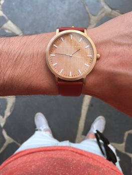 Classic Rose Gold Red Vintage Unisex Wood Watch, 3 of 11