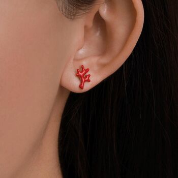 Sterling Silver Asymmetric Red Coral Branch Stud Earrings, 2 of 12