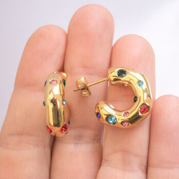 Non Tarnish Chunky Hoop Earrings With Colourful Gems, 3 of 8