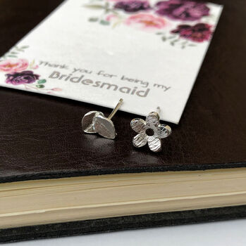 Sterling Silver Thank You Bridesmaid Flower And Leaf Mismatched Wedding Earrings, 12 of 12