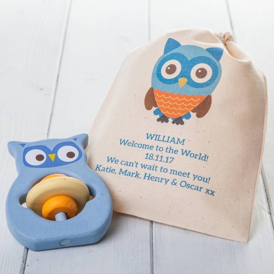 Image of Owl Teething Ring Toy And Personalised Bag