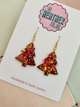 Gold And Red Christmas Tree Glitter Resin Earrings / Festive Jewellery / Christmas Gift, 5 of 10