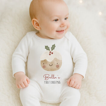 Personalised Baby's First Christmas Babygrow / Bodysuit Christmas Pudding, 2 of 6