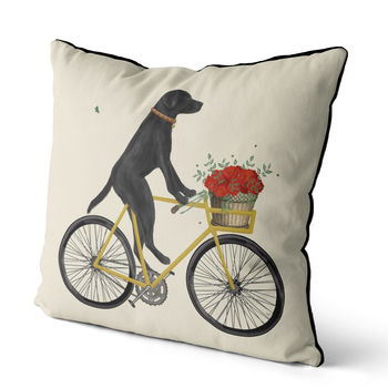 Black Labrador On Bicycle Decorative Cushion, 2 of 2