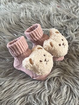 Dusty Pink Ribbed Teddy Bear Baby Socks, 2 of 8