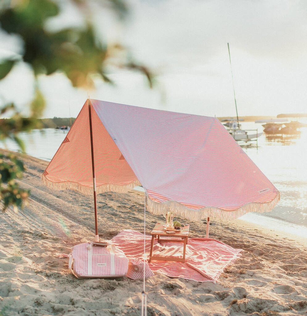 Baby Pink Striped Fringed Beach Canopy, 1 of 6