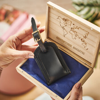 Personalised Leather Luggage Tag With Wooden Gift Box, 7 of 7