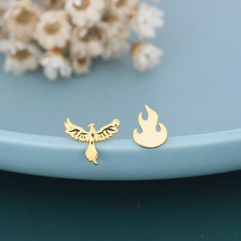 Mismatched Sterling Silver Phoenix And Fire Stud Earrings, 6 of 11