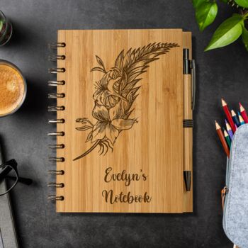 Personalised Eco Bamboo Floral Feather Notebook, 3 of 6