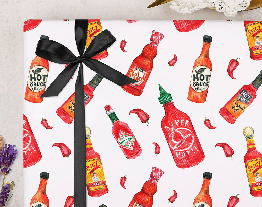Valentine Wrapping Paper With Hot Sauce Design, Three Sheet Pack, 1 of 3