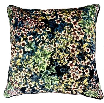 Wild Captivity Birds And Bird Cages Cushion With Flowers In Luxury Velvet On Navy Blue, 6 of 8
