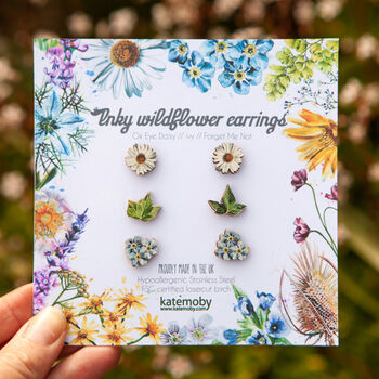 Set Of Three Inky Wildflower Stud Earrings, 11 of 11