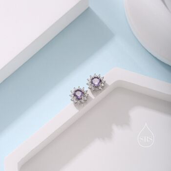 Sterling Silver Amethyst Purple Cz Halo Stud Earrings, 12 of 12