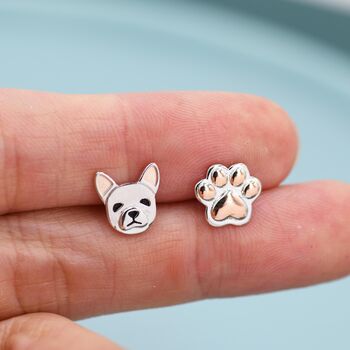 Mismatched French Bulldog And Paw Print Stud Earrings In Sterling Silver, 3 of 12