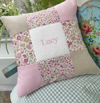 Ditsy Pink Patchwork Name Cushion, 8 of 8