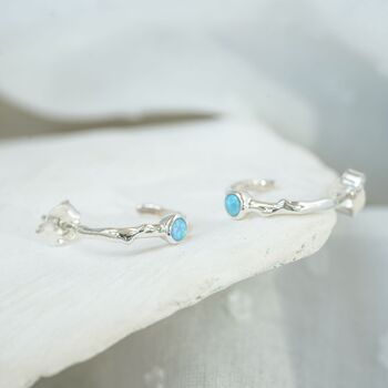Blue Opal Silver Huggie Hoop Earrings, 4 of 7