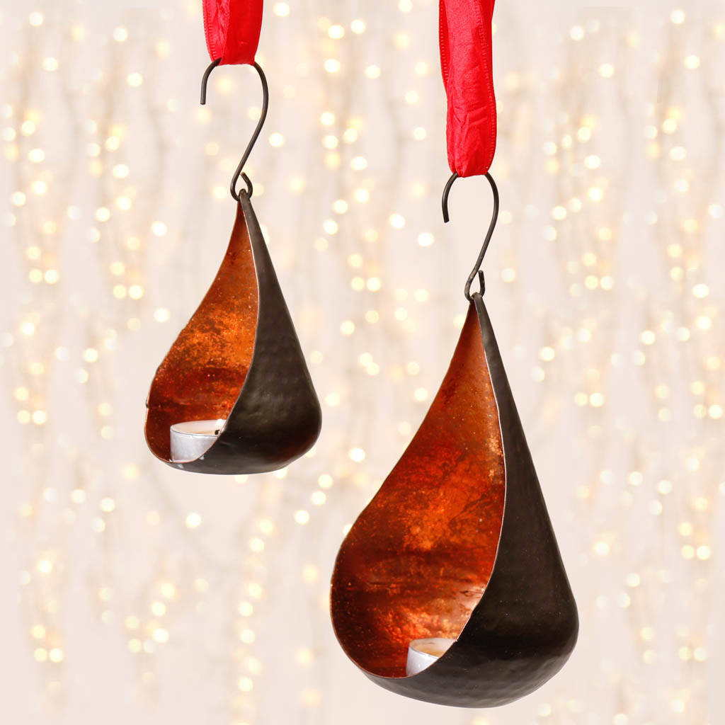 set of two copper hanging tea light holders by dibor