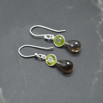 Smoky Quartz Peridot Earrings: Gold, Silver,Dangle Drop, 4 of 6