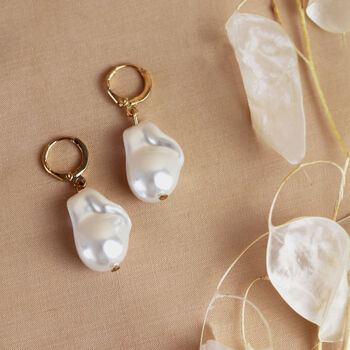 Baroque Pearl Drop Gold Hoop Earrings, 2 of 2