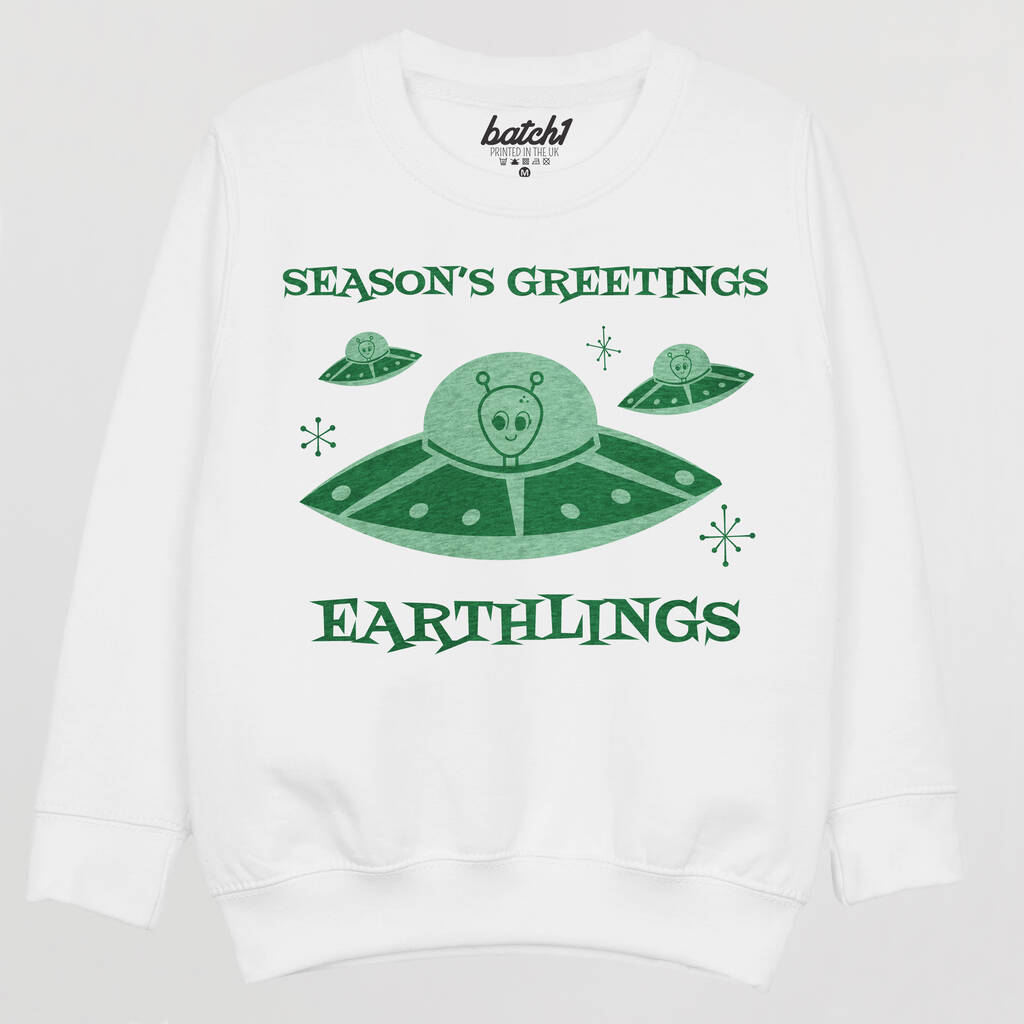 Seasons Greetings Earthlings Kids' Christmas Jumper, 1 of 3