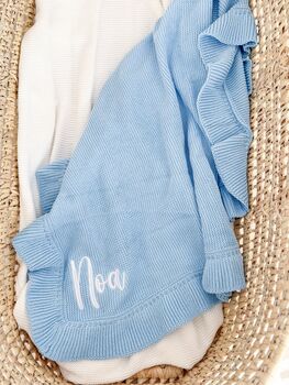 Personalised Embroidered Ruffle Frill New Baby Name Knitted Blanket, 4 of 8