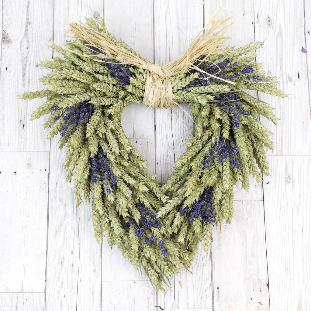 Handmade Lavender Heart Wheat Wreath, 1 of 11