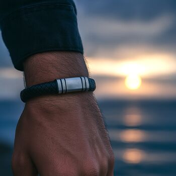 Men's Adjustable Black Leather Bracelet | Genuine Thick 12mm Woven Leather With Snap Clasp, 2 of 6
