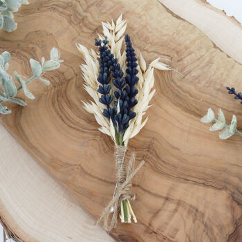 Dried Flower Cream And Navy Lavender Buttonhole, 8 of 8