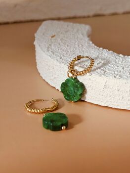 Botan Flower Natural Green Jade Huggie Hoop Earrings, 6 of 10